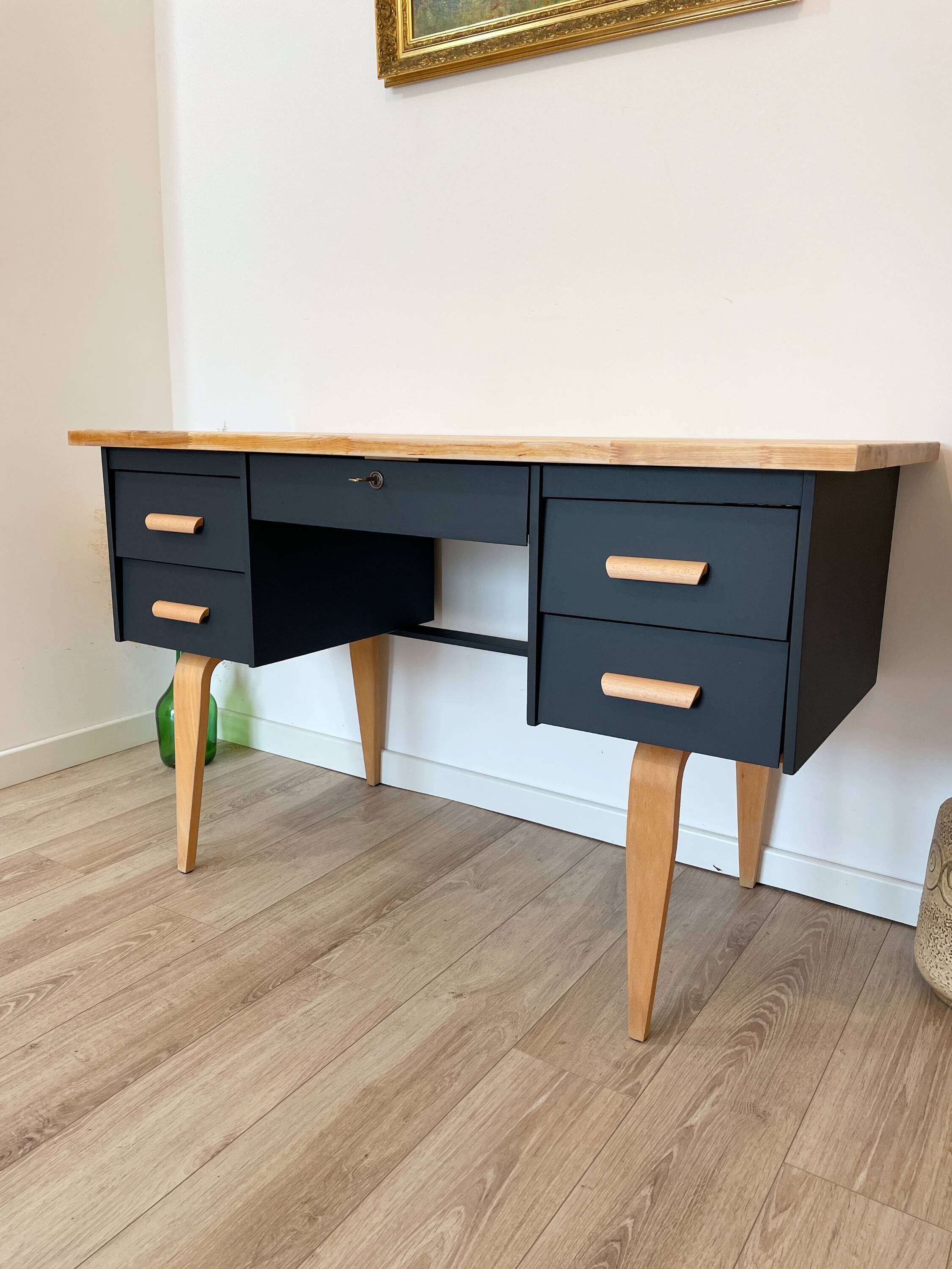 Vintage desk, Scandinavian style, Black lacquer and Beech
