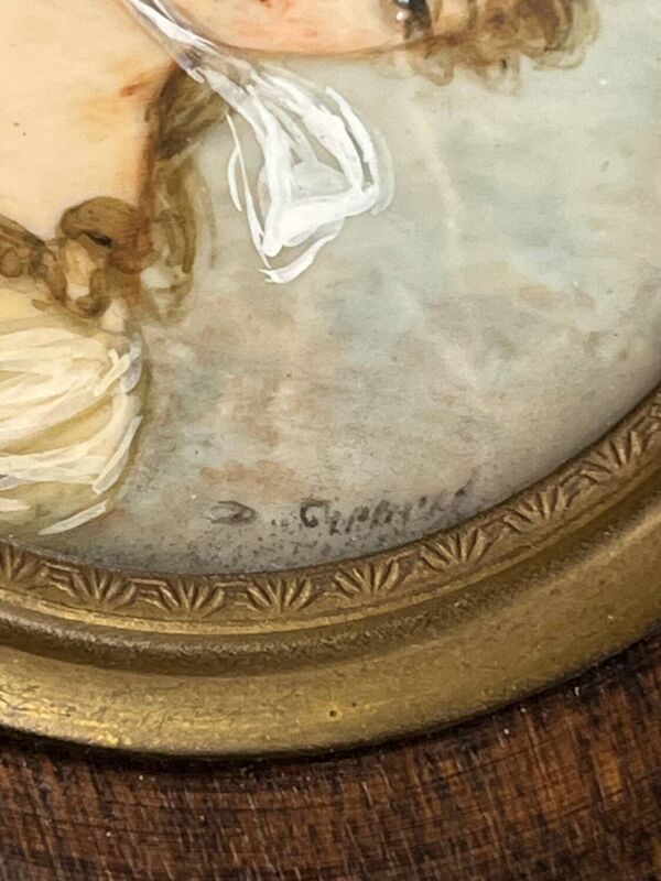 Petite miniature ancienne sur support organique – Cadre bois noirci