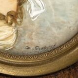 Small antique miniature on organic support – Blackened wooden frame