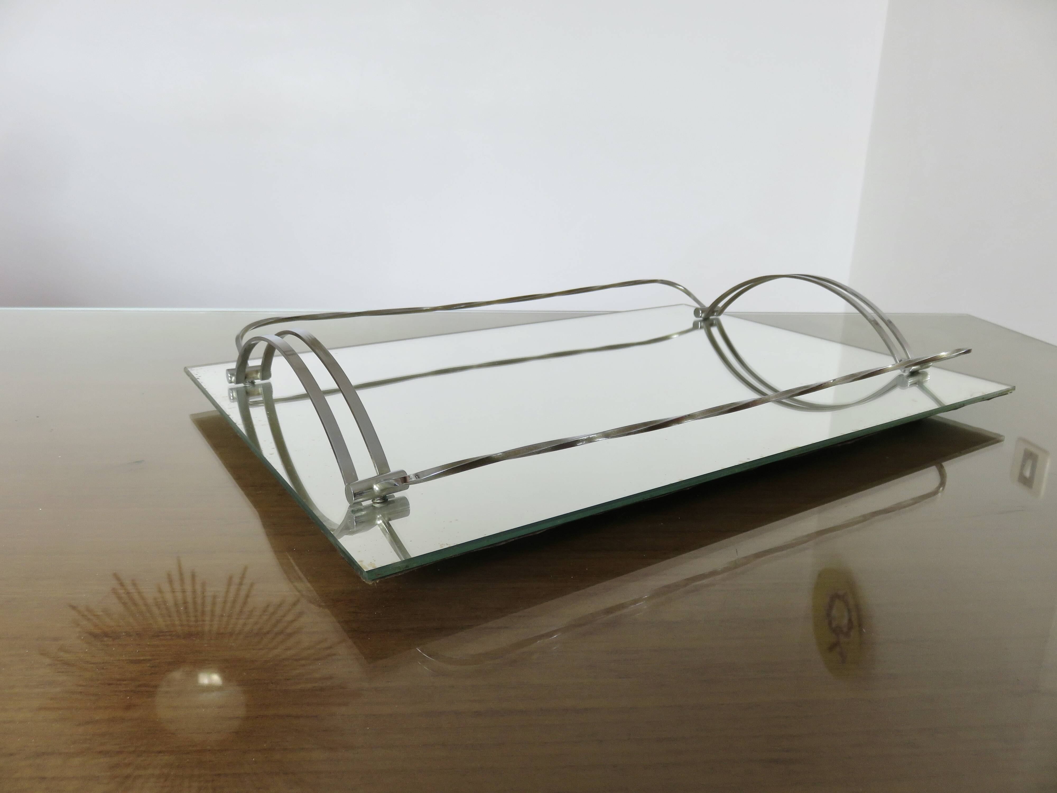 Ancien plateau miroir français en laiton chromé, art déco, années 20 30