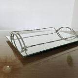 Ancien plateau miroir français en laiton chromé, art déco, années 20 30