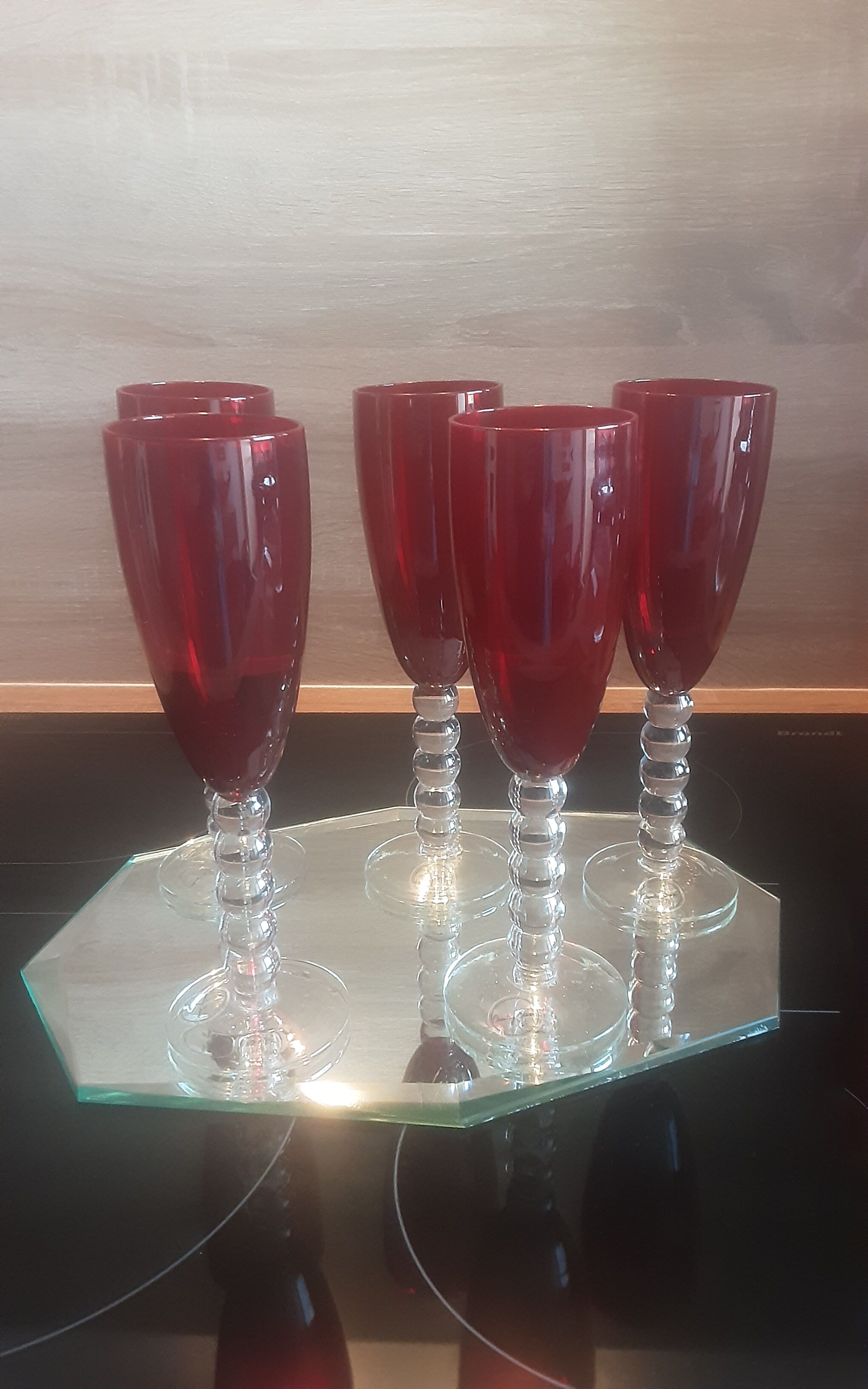 Lot 5 vintage ruby red glass flutes