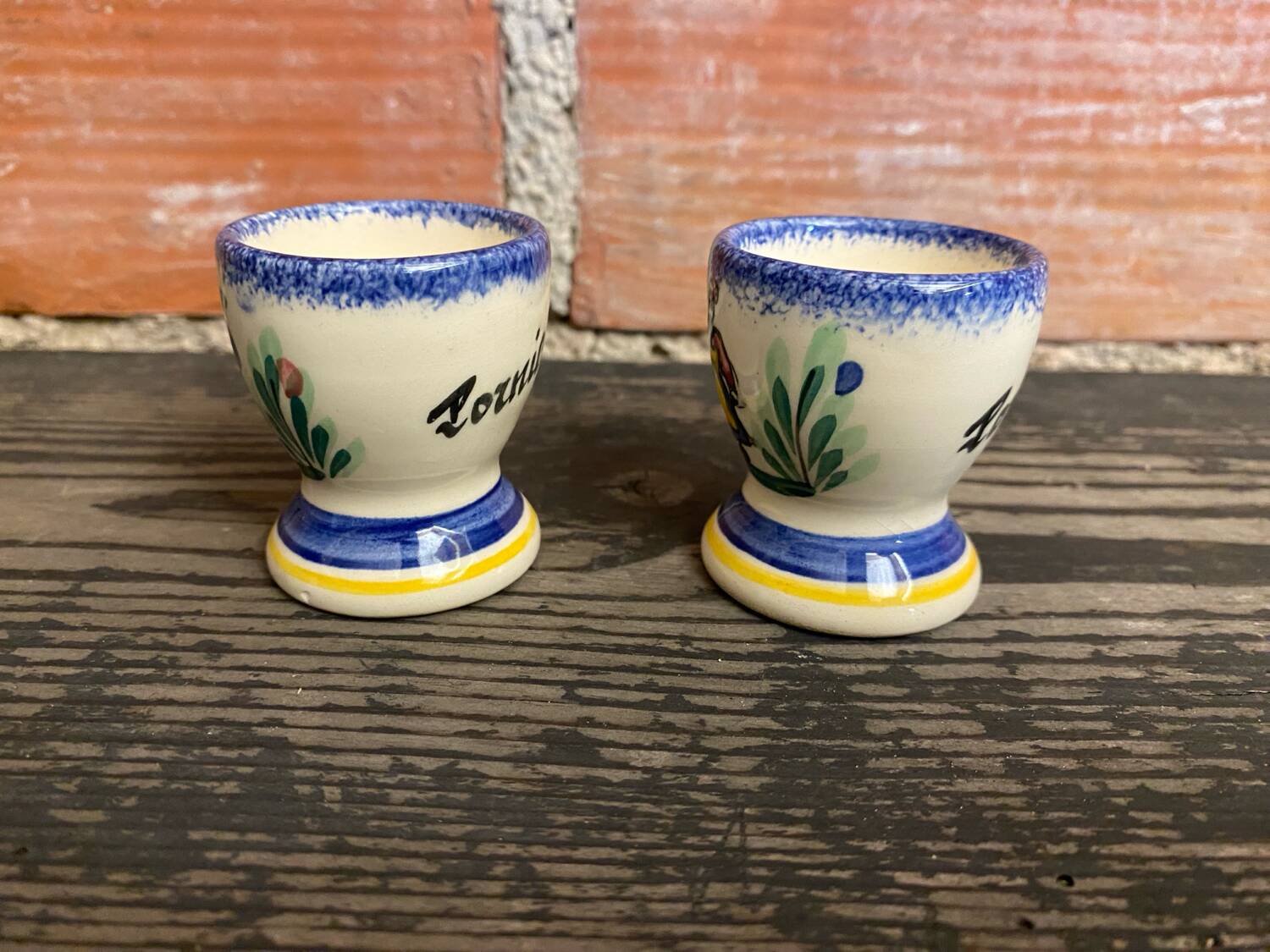 Pair of Antique Quimper Pornic Painted Ceramic Egg Cups Vintage