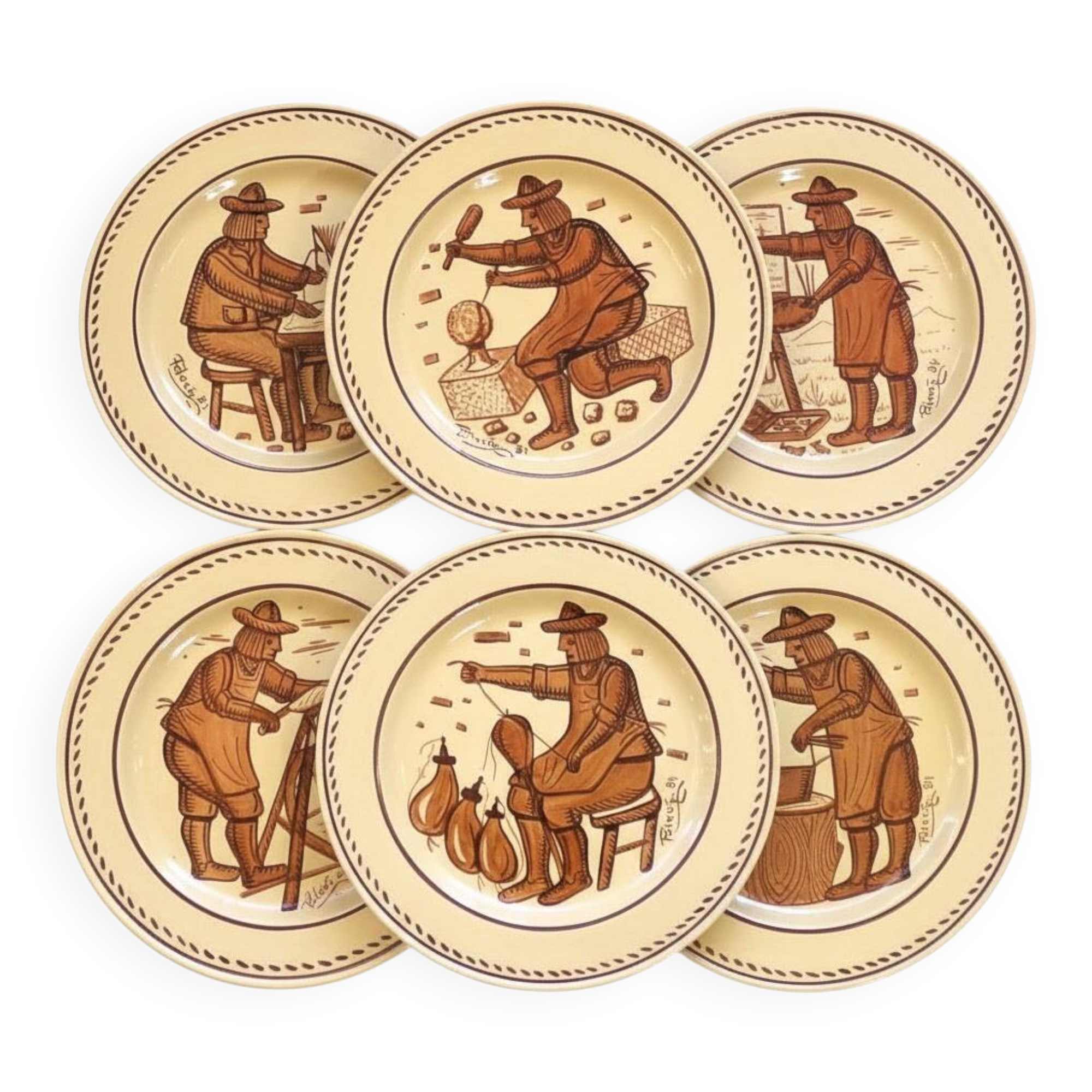 6 vintage hand-painted plates signed Luis Palacin