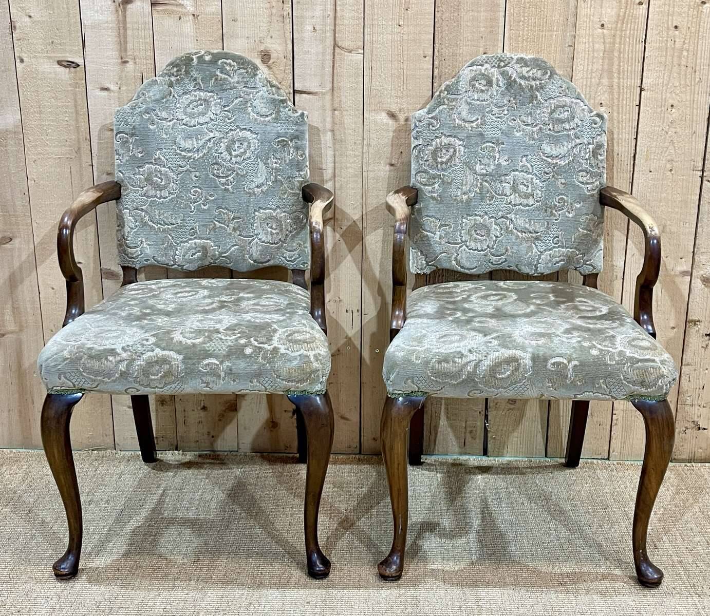 Pair of 1930s Walnut Chippendale Armchairs