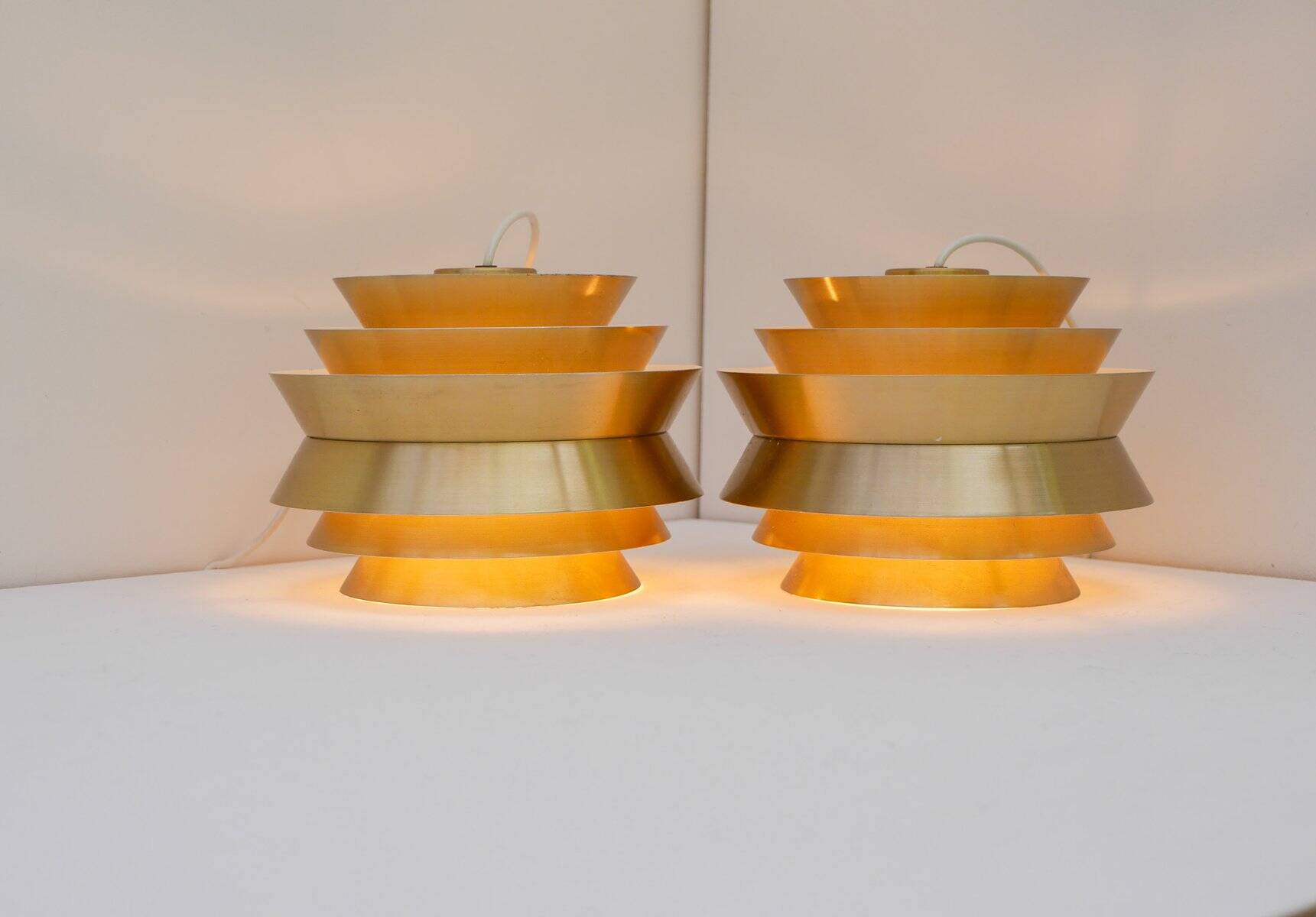 Brass-coloured metal pendant Trava lamps by Carl Thore, Sweden from Granhaga Metallindustri, 1960s, set of 2