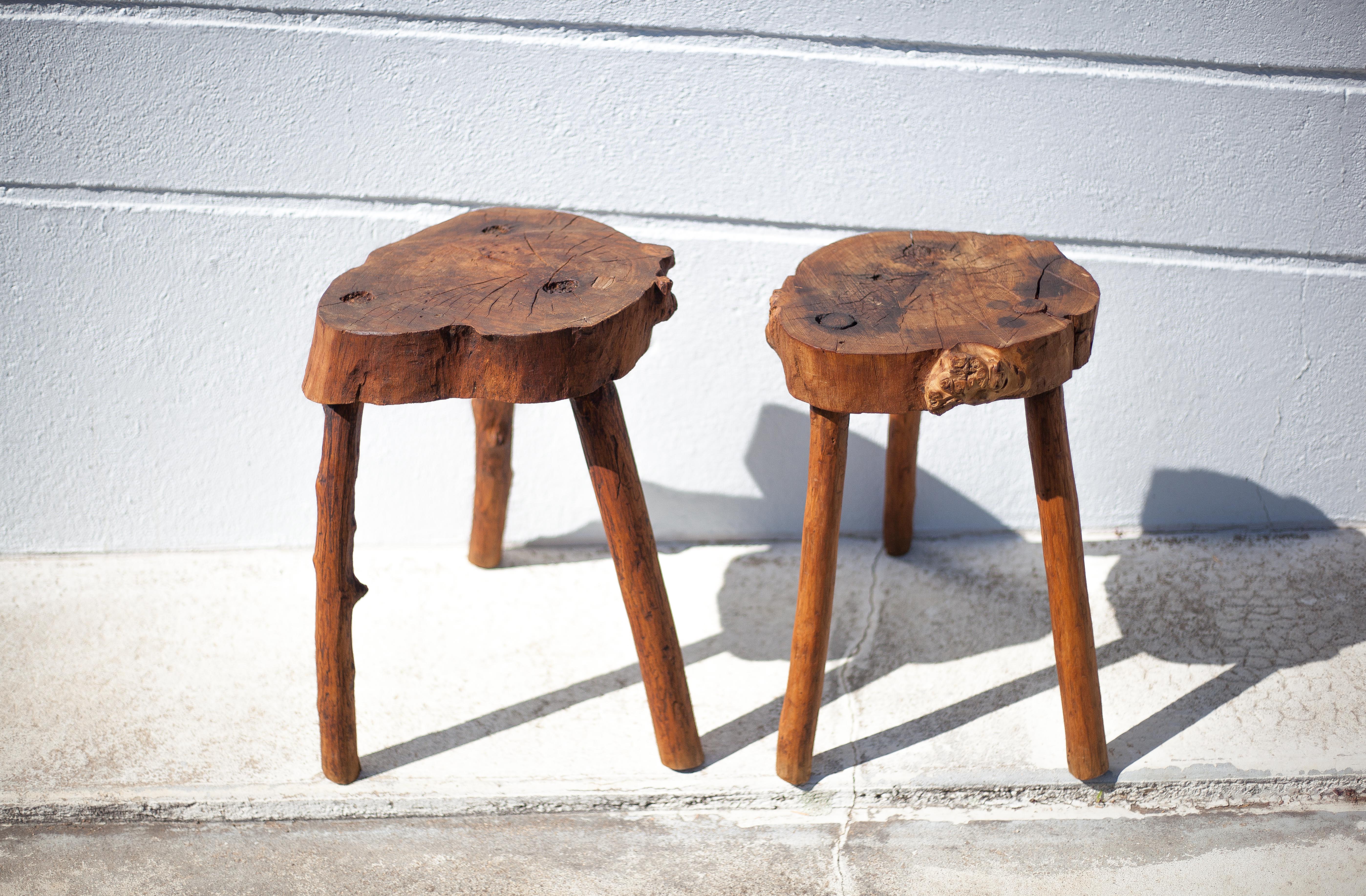 Pair of brutalist tripod wood stools