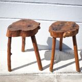 Pair of brutalist tripod wood stools
