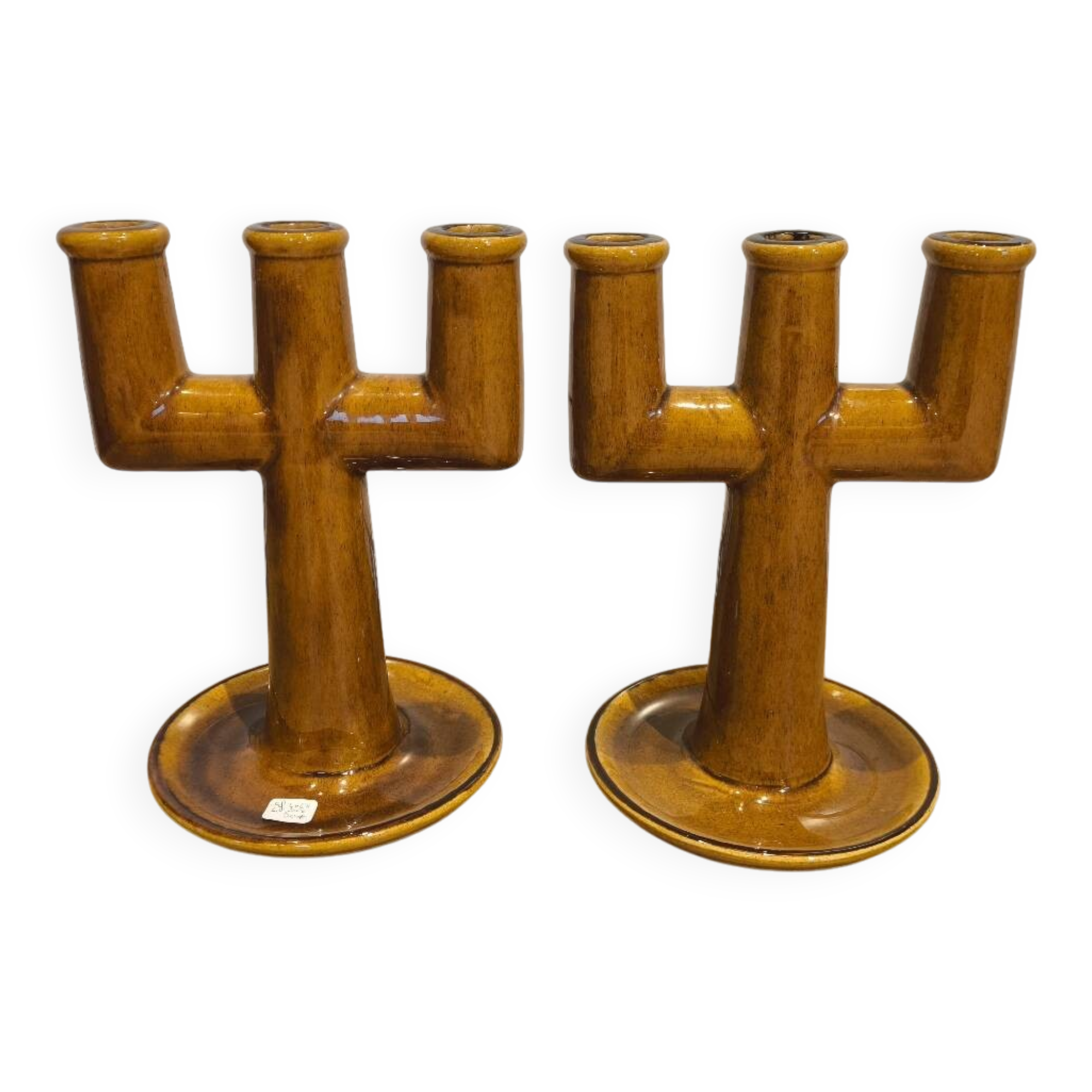 Pair of 3-branch ceramic candle holders from La Ferme des Potiers