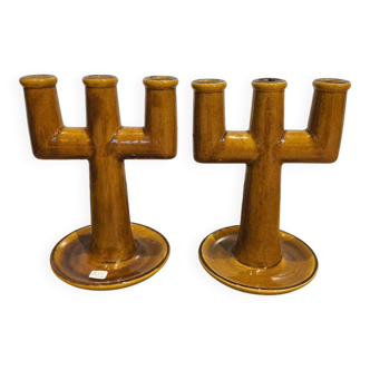 Pair of 3-branch ceramic candle holders from La Ferme des Potiers
