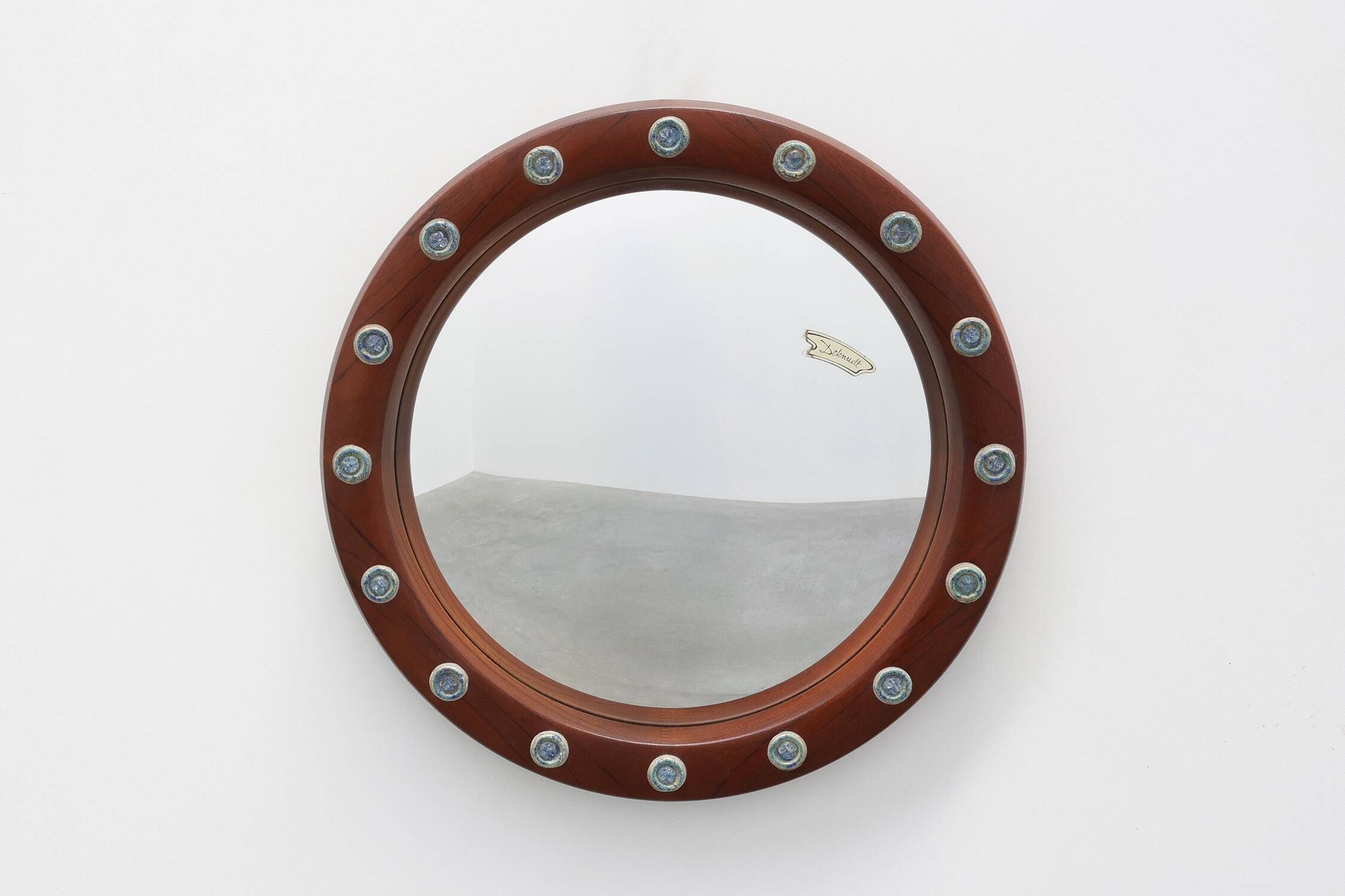Pair of Deknudt Round Mirrors with Blue Ceramic Studs, Belgium, 1960s