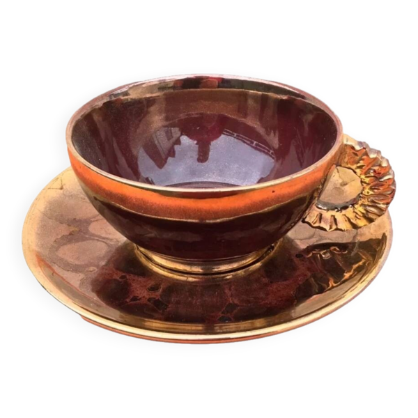 Tasse et soucoupe à déjeuner en céramique dans le style Vallauris, années 1960