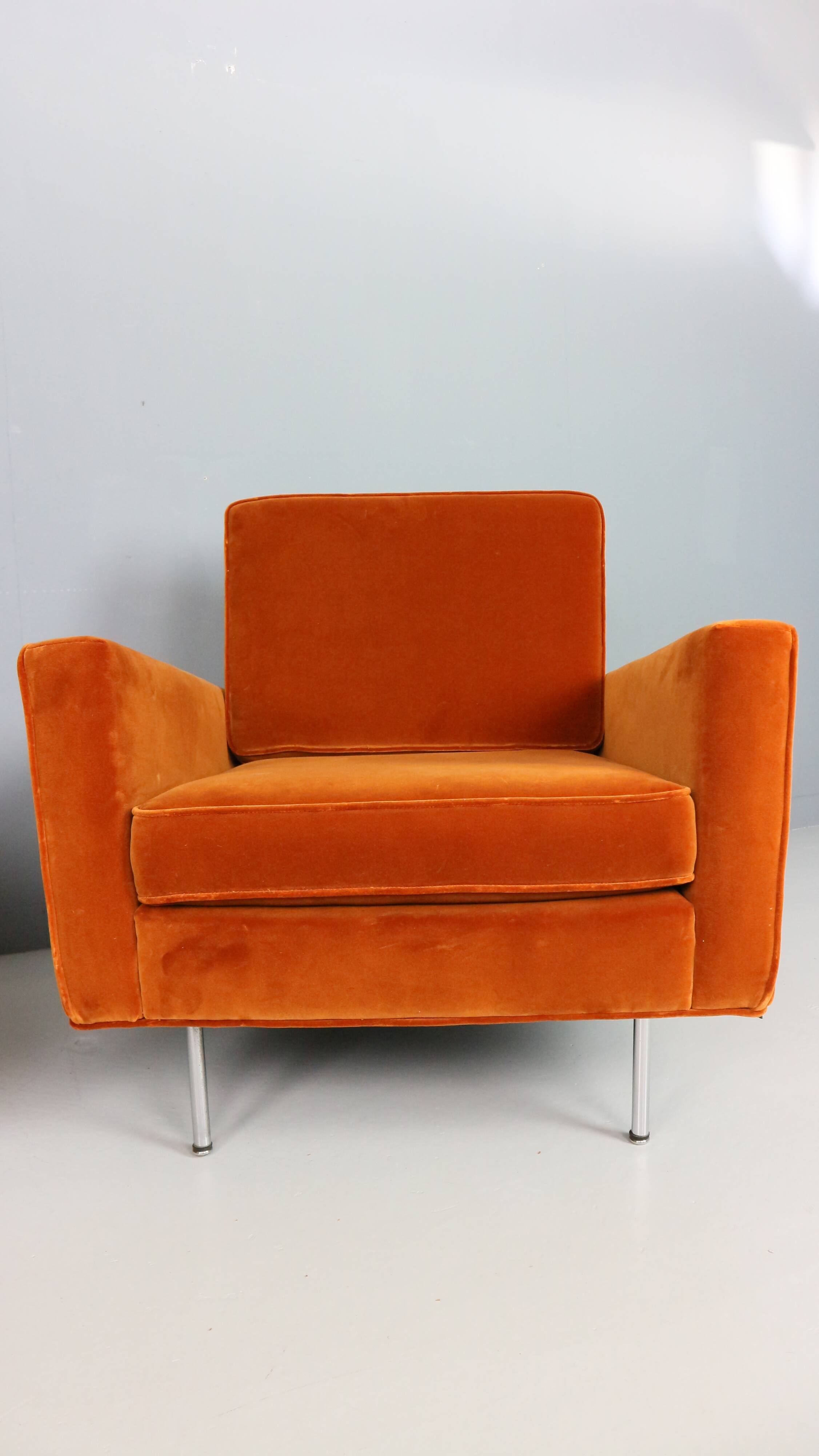 Pair of 1st edition easy chairs 25 BC by Florence Knoll in velvet, 1950s