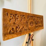 Bas relief African Art 20th century solid wood panel carved with Warriors