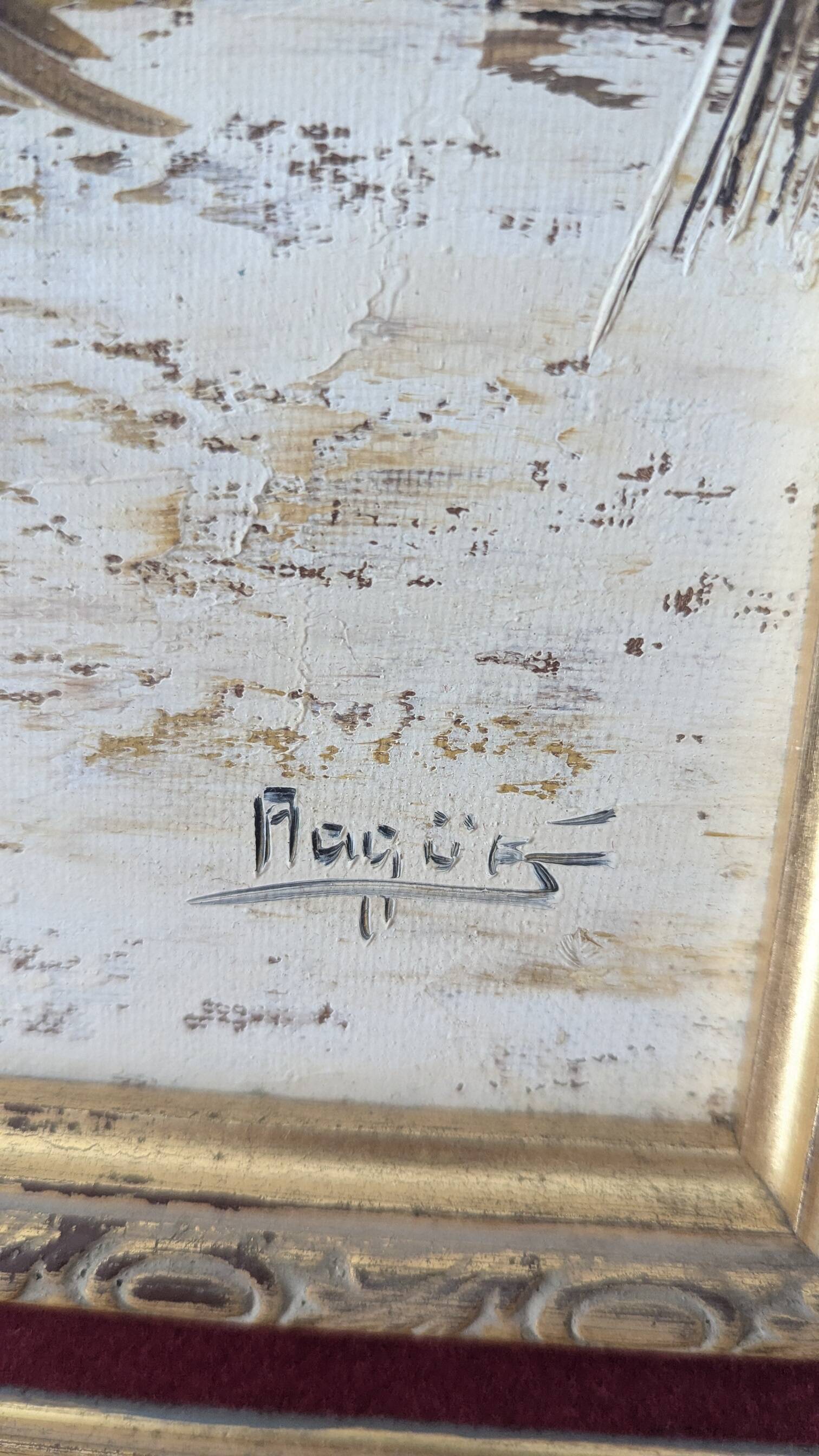 Peinture à l'huile vintage sur toile – Paysage de port et pêche – Signée No