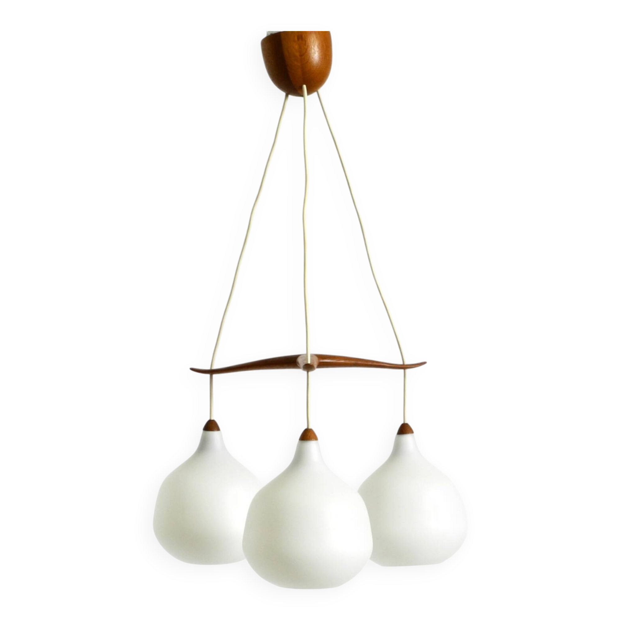 Pendant lamp with opal glass shades teak frame by Uno & Östen Kristiansson