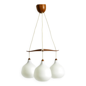 Pendant lamp with opal glass shades teak frame by Uno & Östen Kristiansson