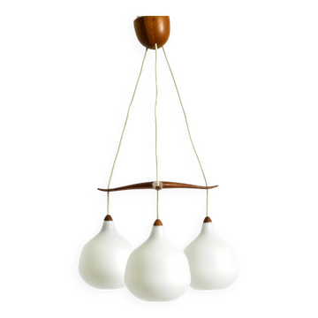 Pendant lamp with opal glass shades teak frame by Uno & Östen Kristiansson