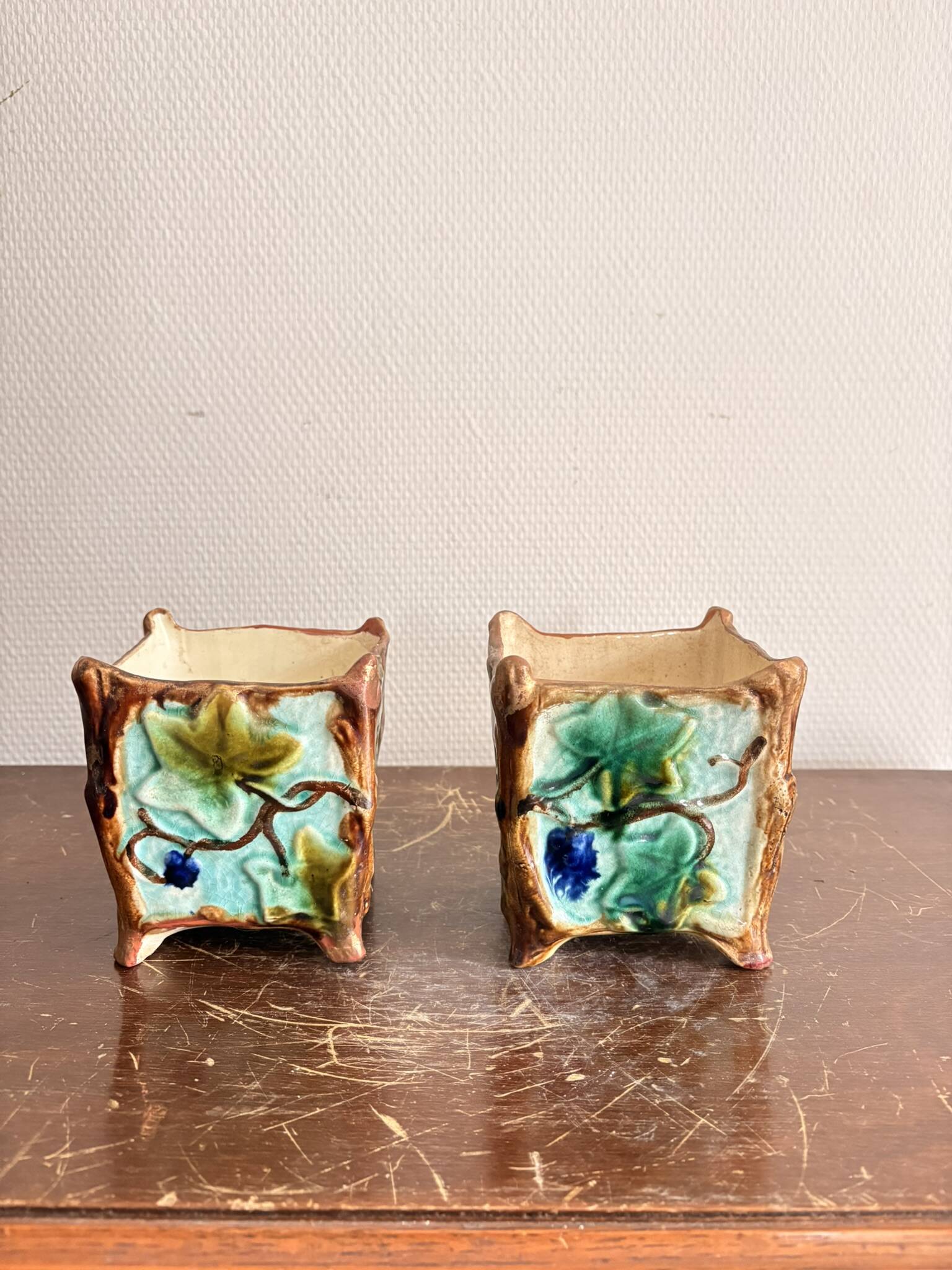 Antique Pair of Planters Cache Pot Barbotine with Ivy 19th Century Majolica