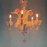 Small Venetian chandelier in colorless and red Murano glass, circa 1950