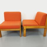 Set of 2 vintage Baumann armchairs in orange fabric and wood from the 80s