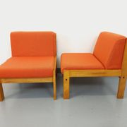 Set of 2 vintage Baumann armchairs in orange fabric and wood from the 80s