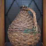 Lady Jeanne bottle, green glass bottle dressed in straw and wicker weaving, carboy, decorative v