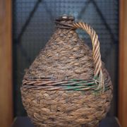 Lady Jeanne bottle, green glass bottle dressed in straw and wicker weaving, carboy, decorative v