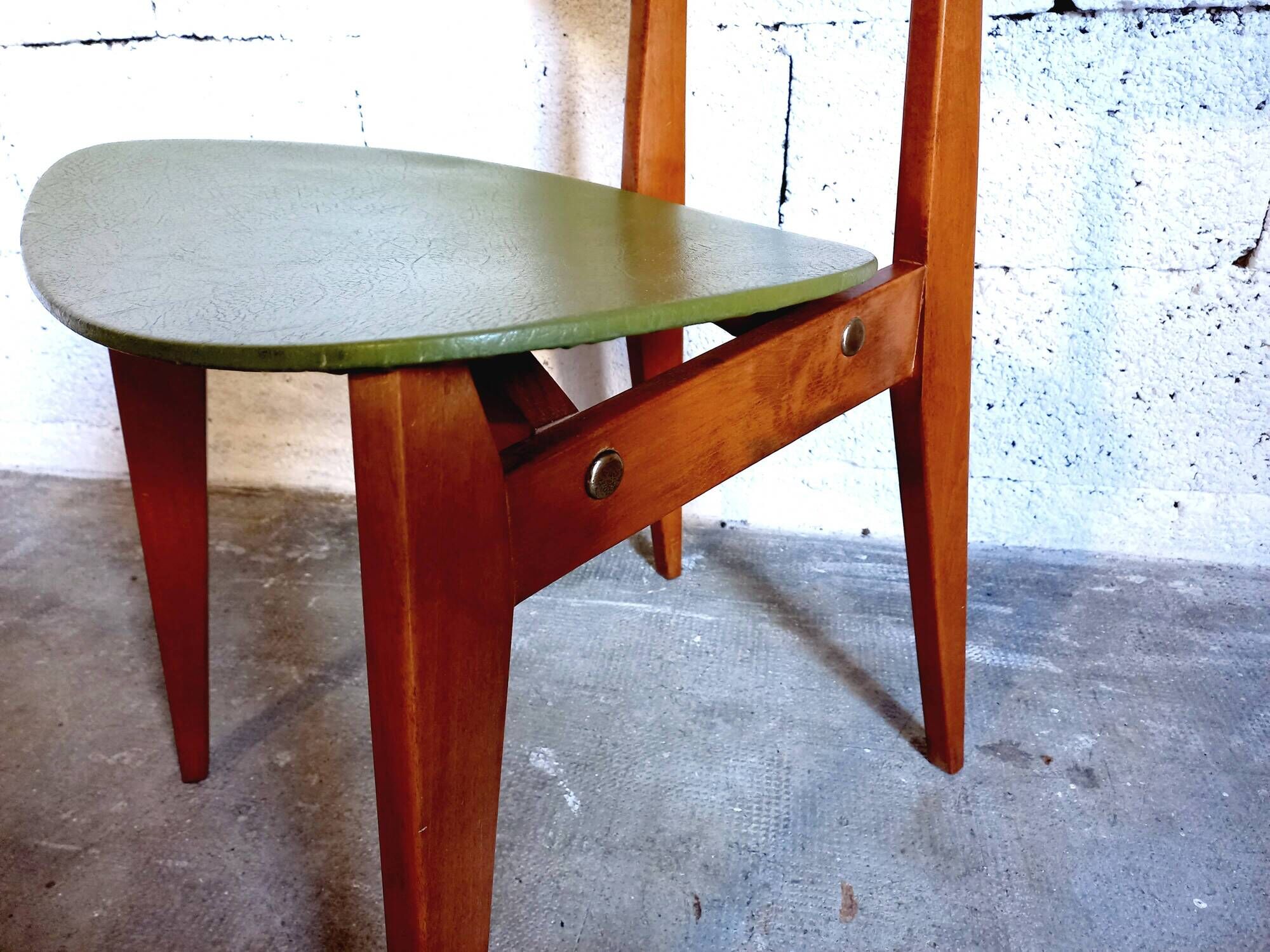 Vintage chair 50s 60s in wood and green skai