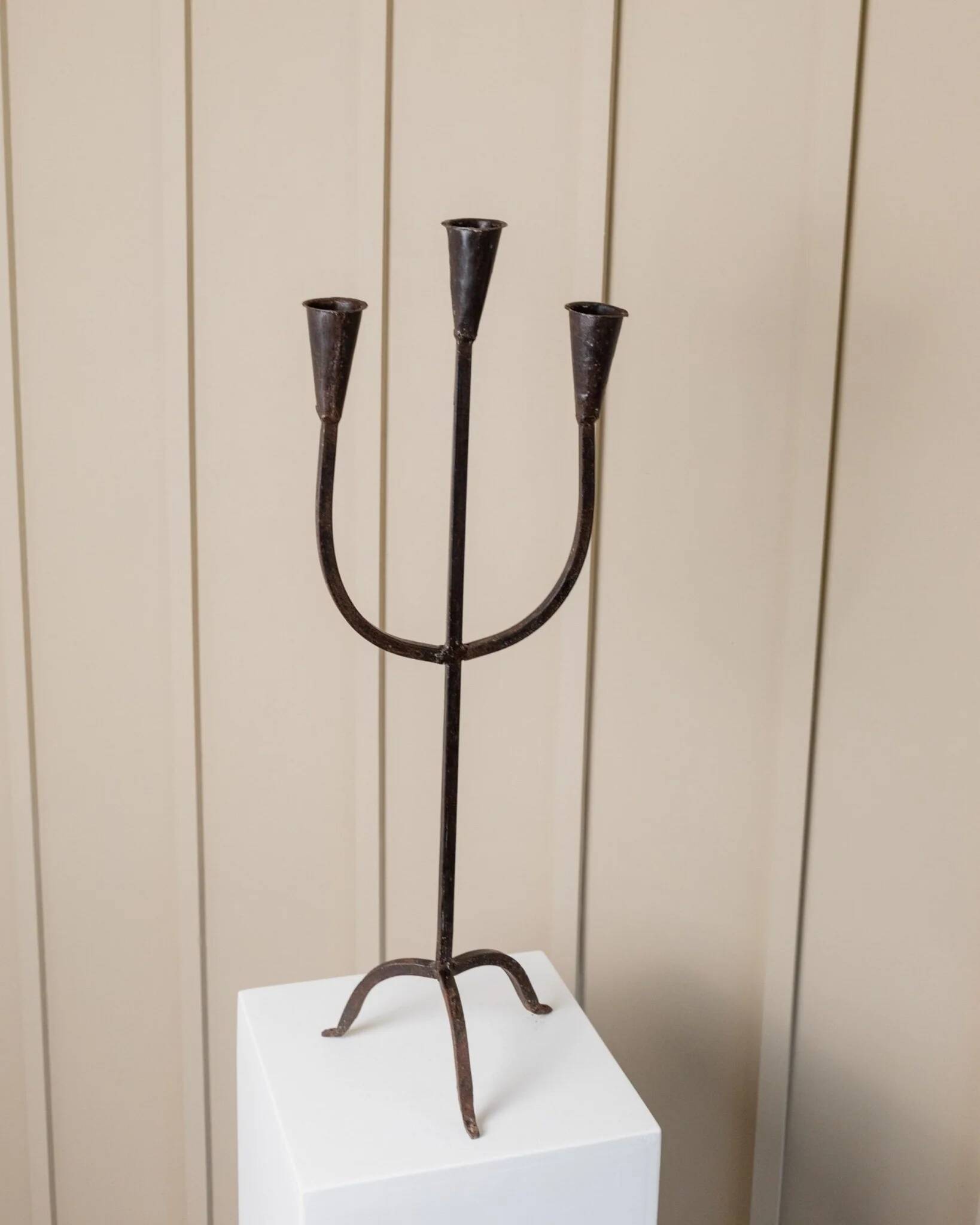 XXL Black Iron Brutalist Candlestick for 3 Candles - Handmade, Italy, 1960s