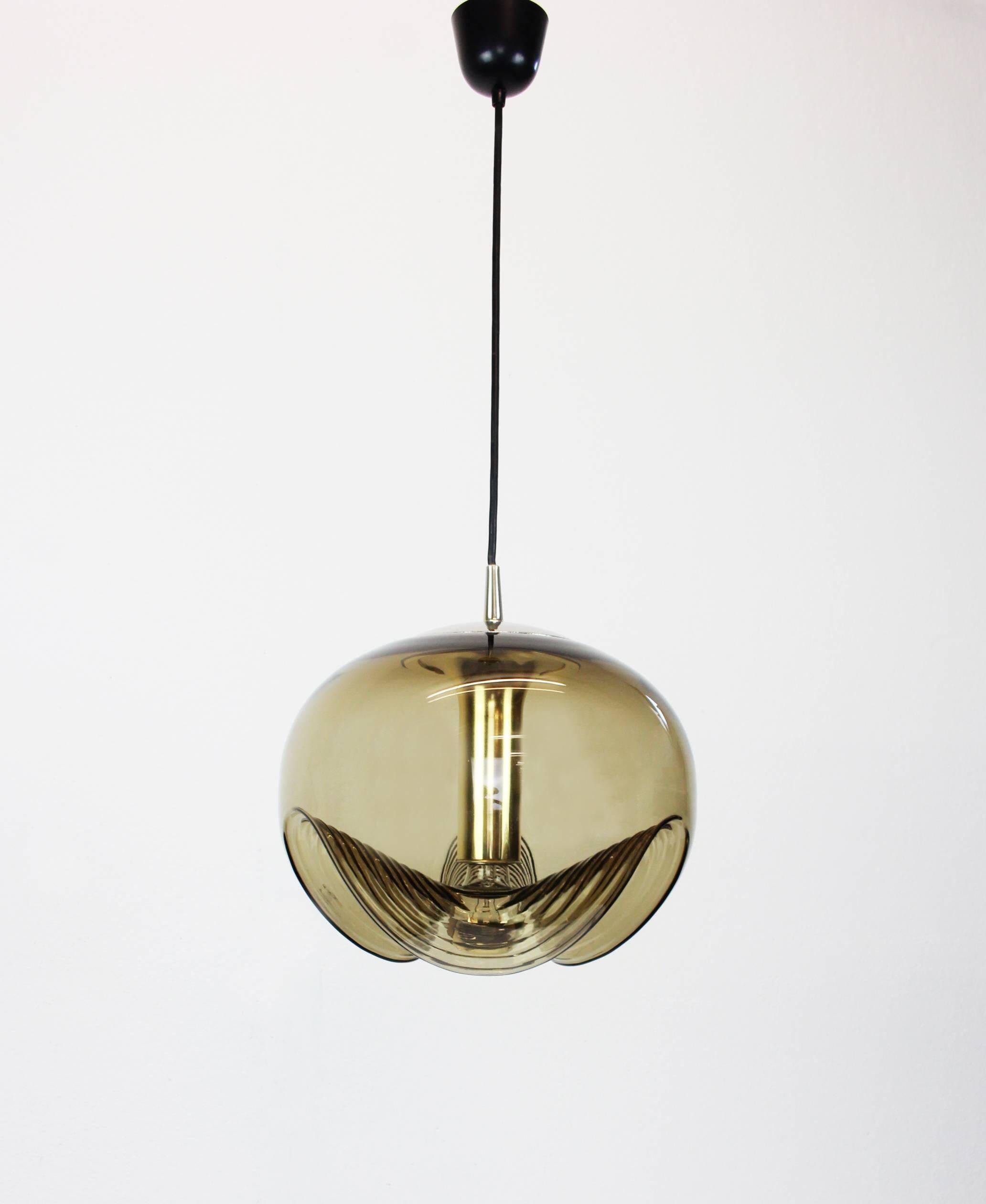 One of the two large smoked glass chandeliers by Peill & Putzler, Germany, 1970s.