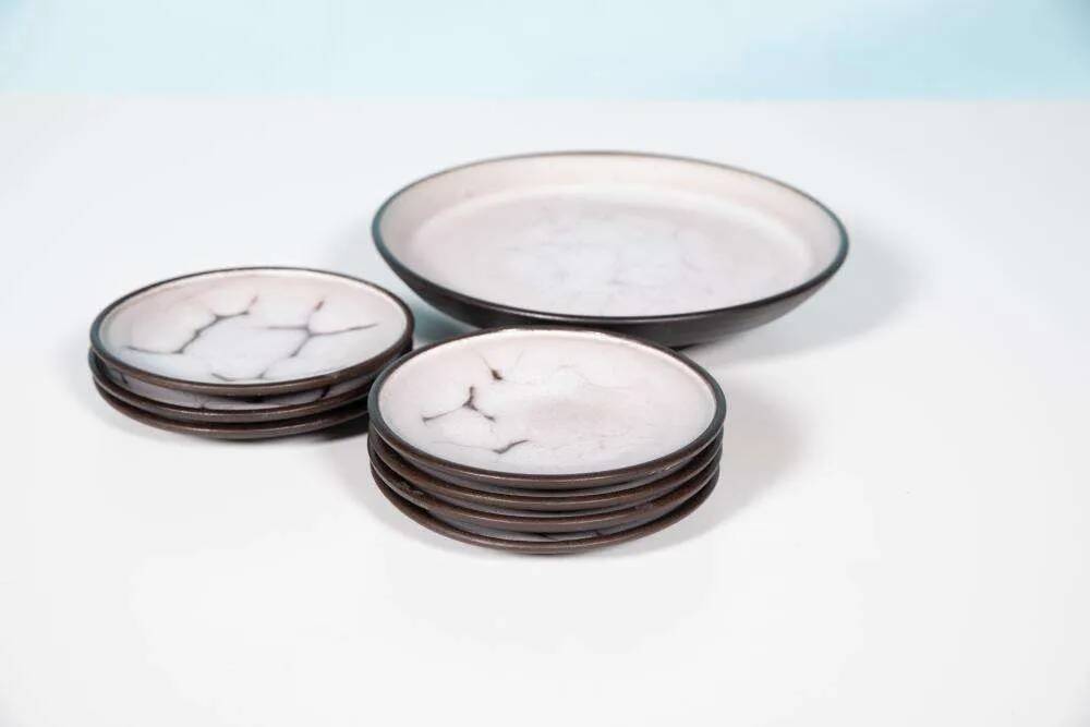 Vintage Mobach pastry set, fat lava ceramic serving plates.