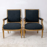 Pair of 19th century Louis XVI gilt armchairs newly re upholstered in holland and sherry fabric