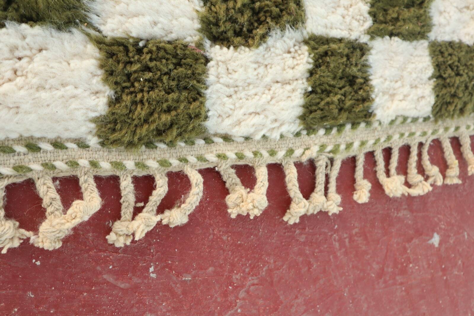 Beni Ouarain rug in Khaki Green and Cream Checkerboard, Handmade, 250x150cm