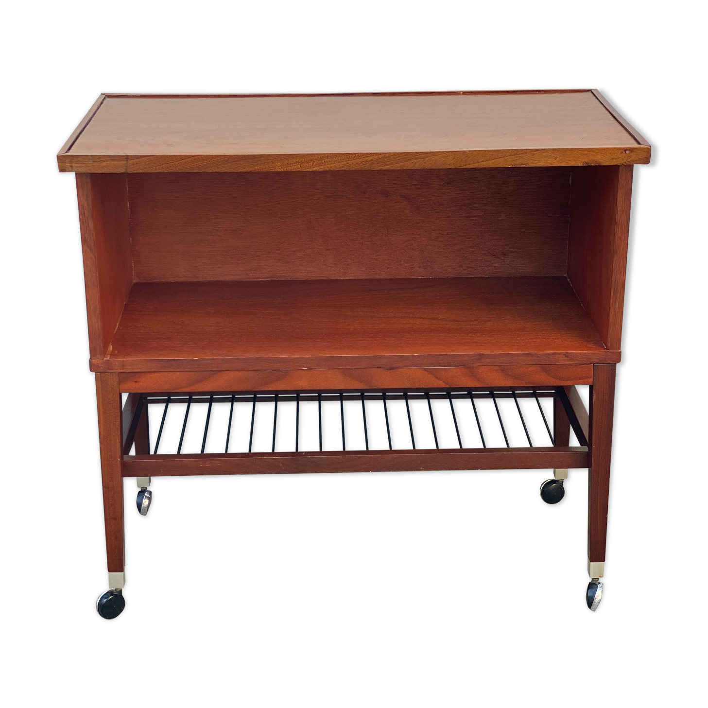 Vintage teak side table with metal magazine rack