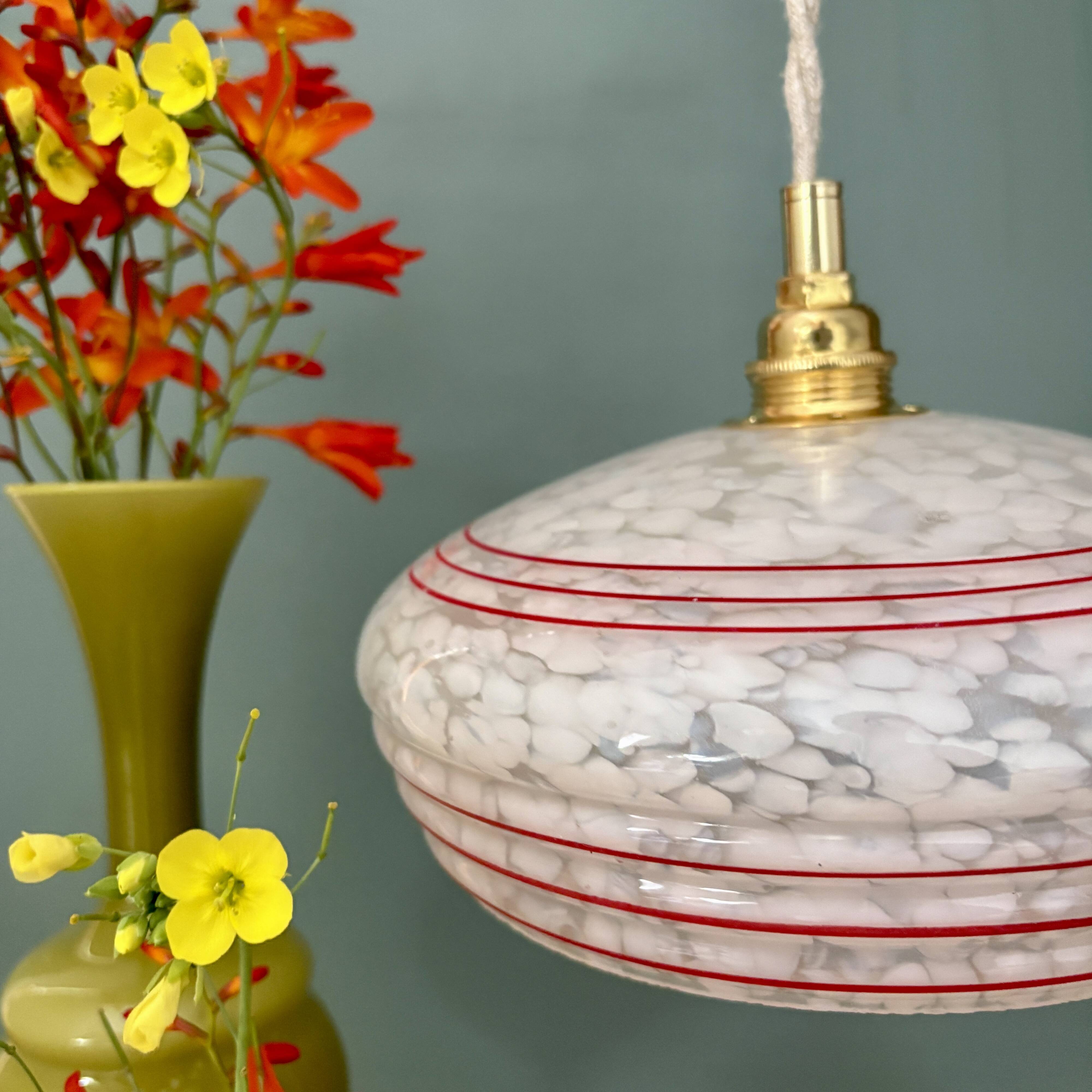 Vintage white clichy glass lampshade pendant light with red trim