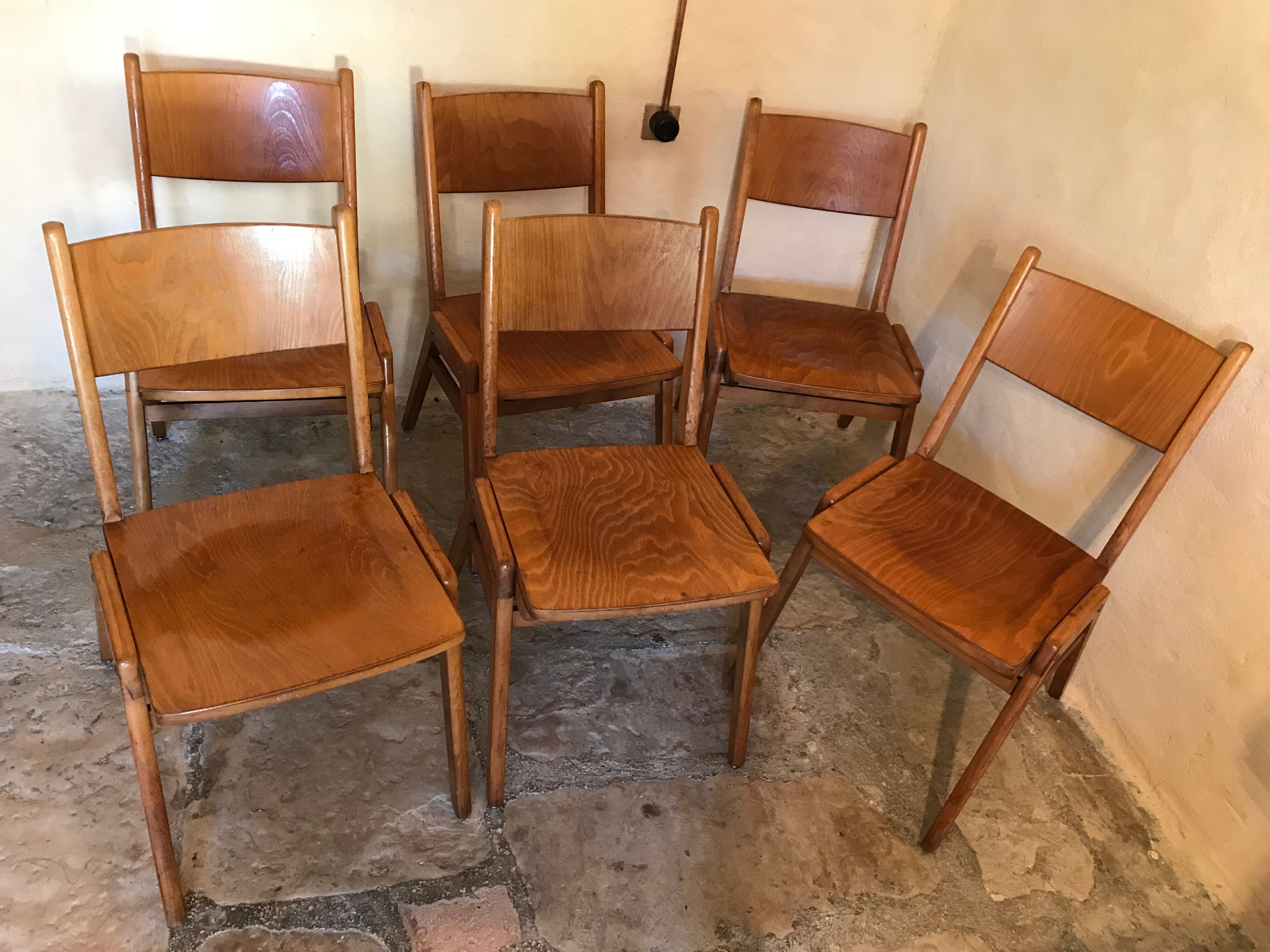 Set of 6 stackable chairs wood feet compass Germany 1960's