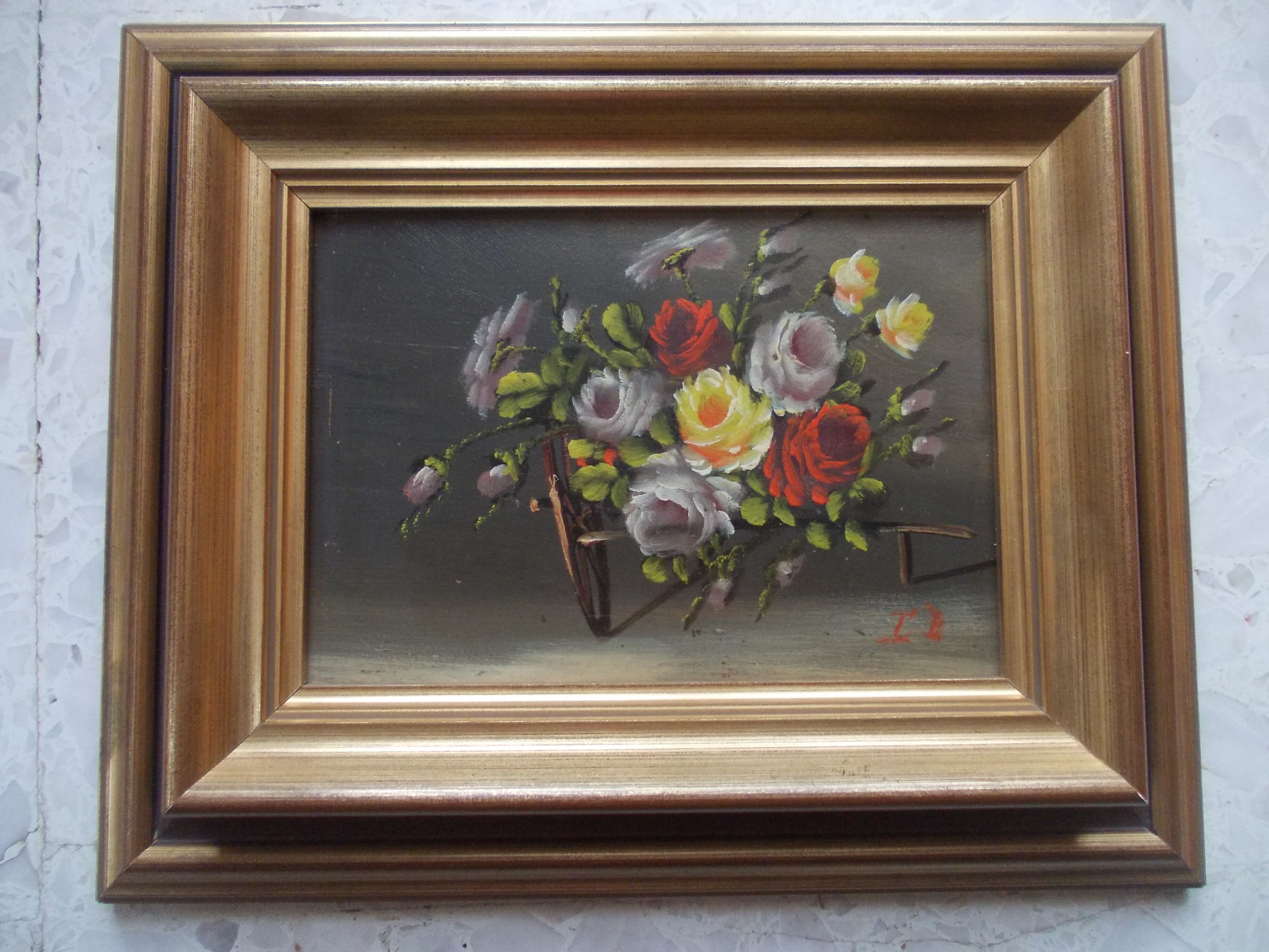 PAINTING oil painted on wood BOUQUET OF ROSES signed C.P., pretty frame ARTEMIS 1975, still life, CP