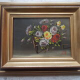 PAINTING oil painted on wood BOUQUET OF ROSES signed C.P., pretty frame ARTEMIS 1975, still life, CP