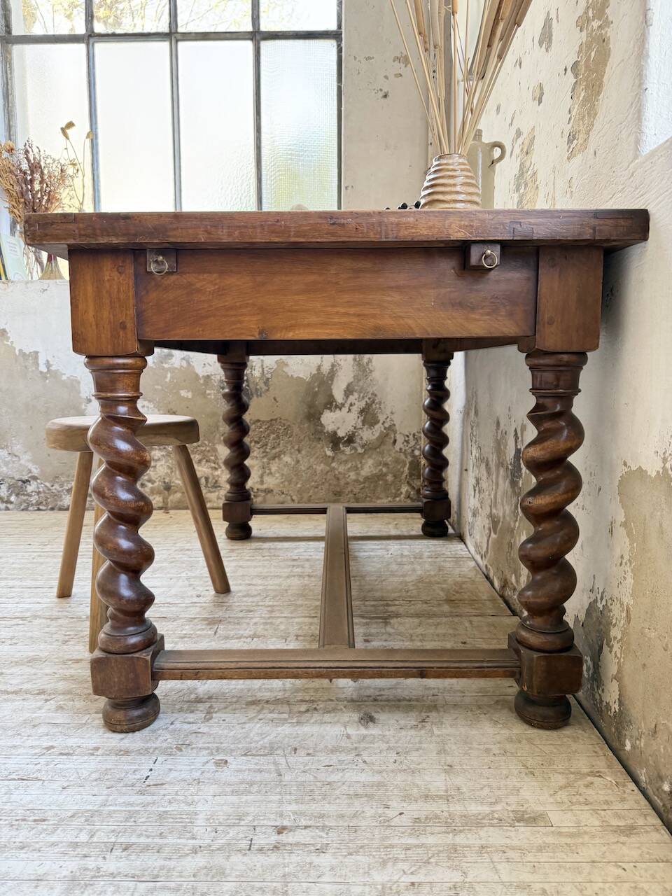 Paneled walnut desk with turned legs, 1900