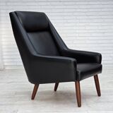 1970s, Danish highback armchair, black artificial leather, teak wood legs.