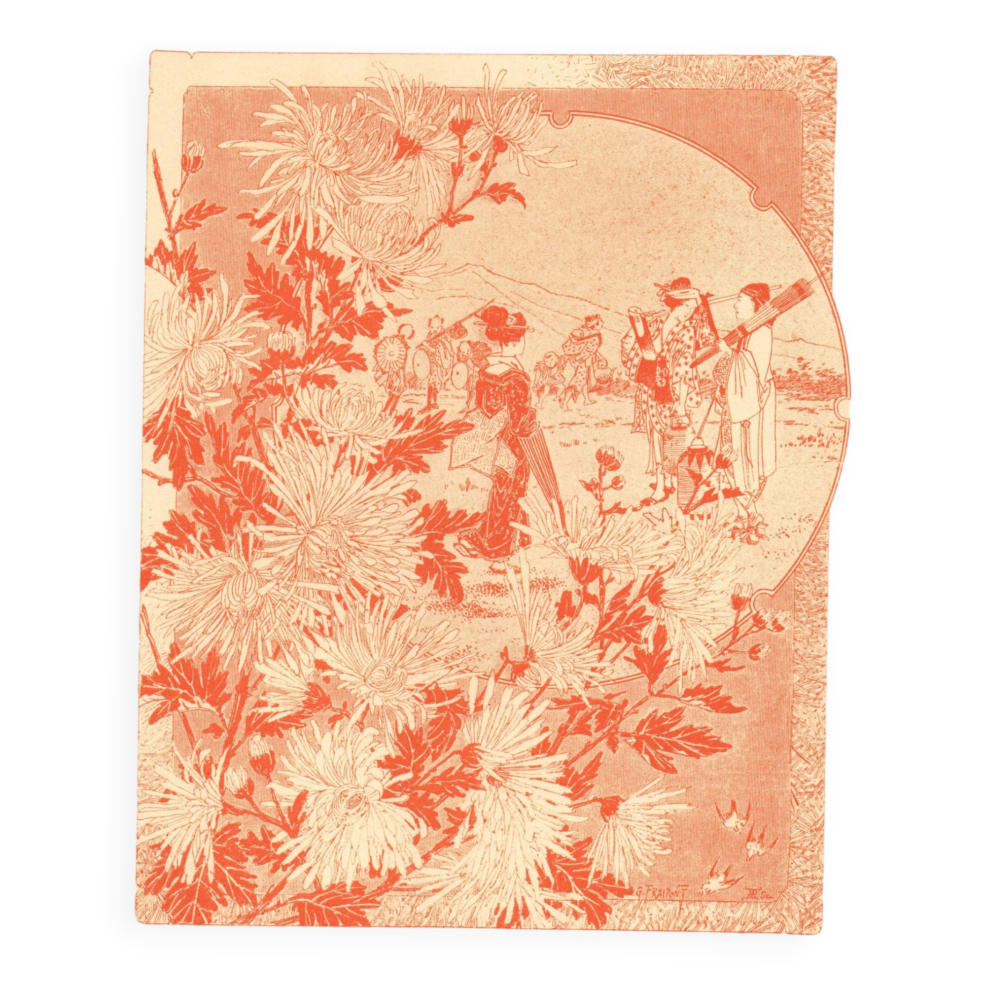 Art Nouveau engraving 1896 - Chrysanthemums and Japanese scene by G. Fraipont