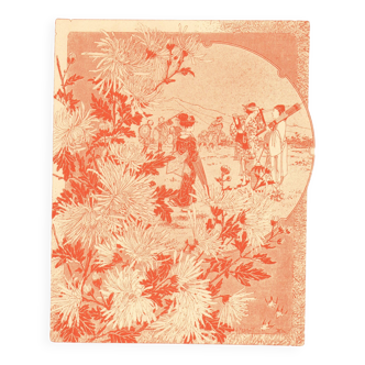 Art Nouveau engraving 1896 - Chrysanthemums and Japanese scene by G. Fraipont