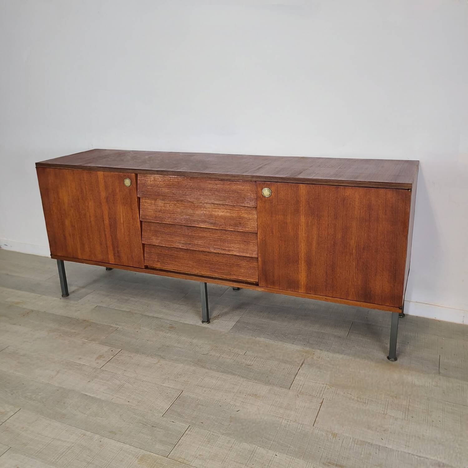 Modernist teak enfilade vintage 1960s design by Louis Paolozzi.