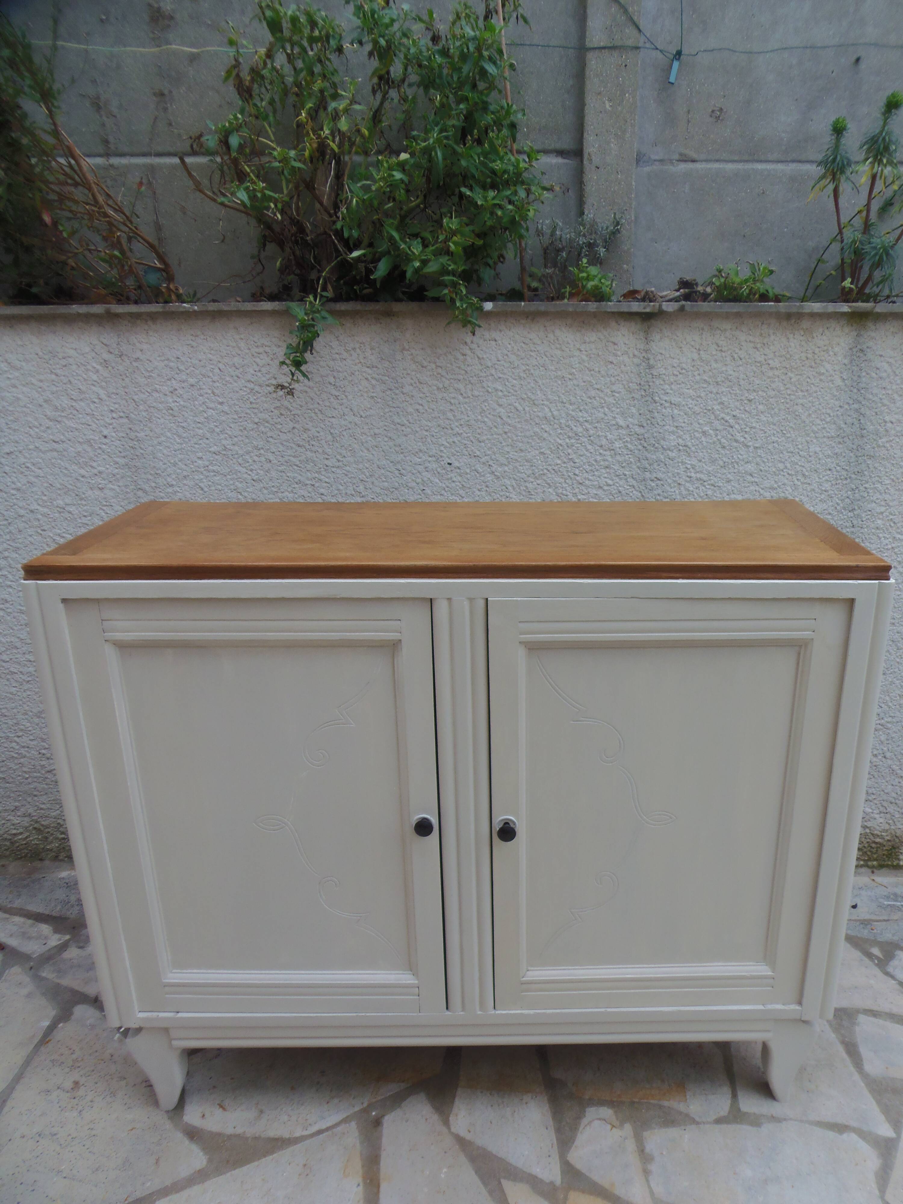 Vintage beige sideboard, oak top.