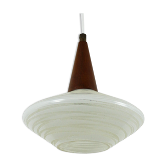 Flying saucer pendant lamp by Philips made of glass and wood, 1960s