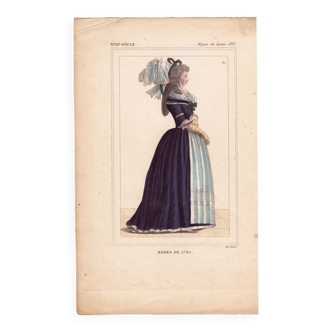 Gravure Couleur XIXe 1840 Mode Femme de 1790 Fashion Règne de Louis XVI