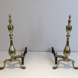 Pair of neo-Gothic bronze and wrought iron andirons