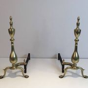 Pair of neo-Gothic bronze and wrought iron andirons