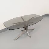 Vintage Rounded Rectangular Oval Coffee Table in Glass and Chromed Metal from the 70s